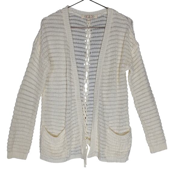 Pink Rose Open Cardigan Size Large Cream Color Lace Up Back Front Pockets - Picture 3 of 7